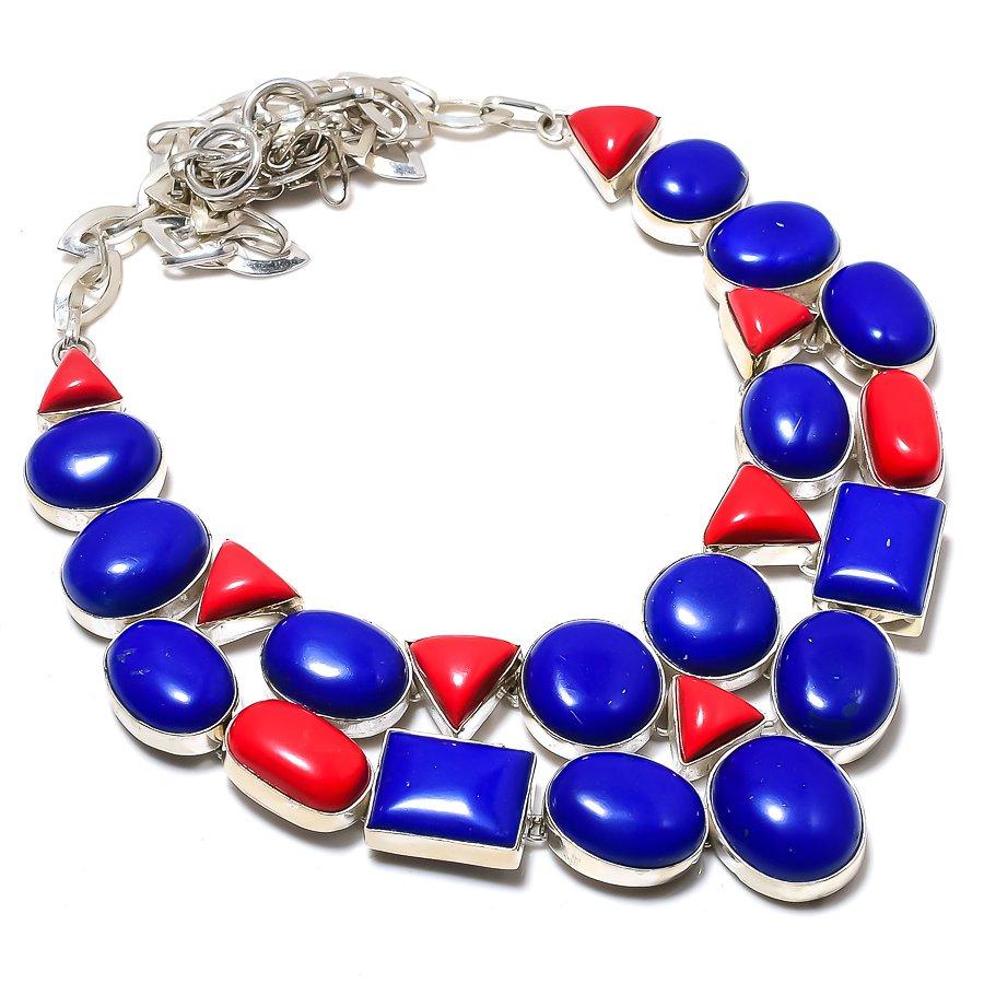 

Ожерелье из стерлингового серебра 925 пробы с натуральным лазуритом и кораллом, 18 дюймов P6N04