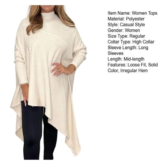 Women Tops High Collar Long Sleeve Solid Color Irregular Hem Pullover Tops Loose