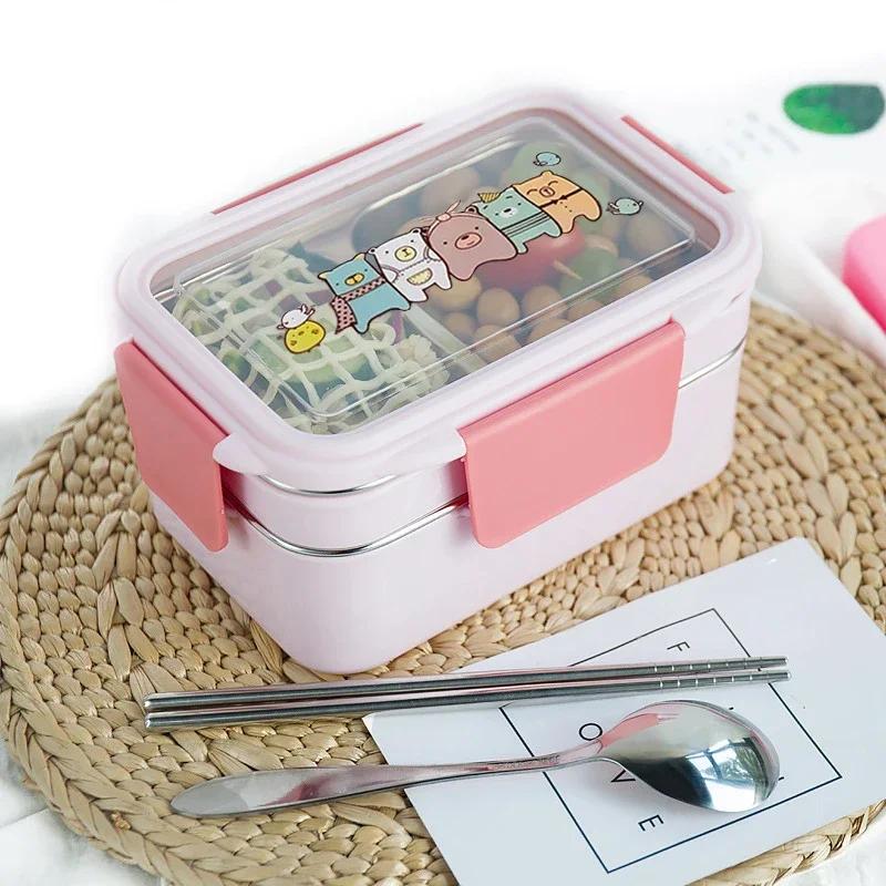 Portable Stainless Steel Double Layer Food Container for Kids Cartoon Lunch Box for Kids Picnic School Bento Box