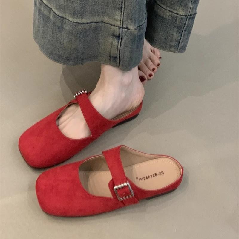 Gentle fairy baotou half slippers 2025 new French sweet and cute suede square head one pedal Boken shoes