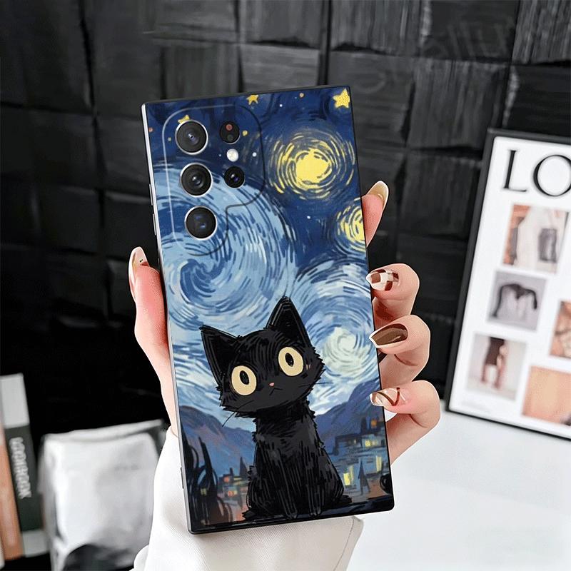 

Черный Кот Мультяшный Милый Мягкий Чехол для Телефона для Samsung Galaxy S26 S25 Edge S24 Ultra S23 Plus S22 S21 FE S20 Черная Задняя Крышка Samsung S24 Plus