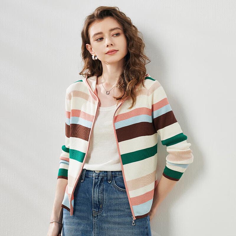 COMONBOCA Women's Striped Hooded Lyocell Knit Cardigan