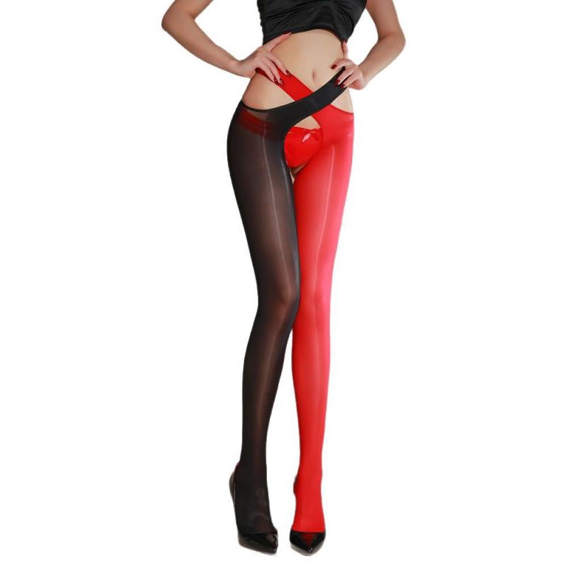 Sexy Horse Oil Stockings Cross Open Crotch Pantyhose 8D Glossy Tights Summer Ultra-thin Women's Erotic Temptation Black Stocking