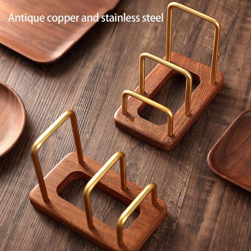 Prostorově úsporný držák na krájecí prkénka s protiskluzovou dřevěnou základnou, úložný stojan na desku na krájení na pracovní desku