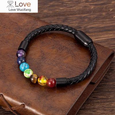 Fashion Charm Male Leather Bracelet Natural Stone Beads Stainless Steel Men Punk Jewelry Magnetic Clasp Bangles Accessories Gift