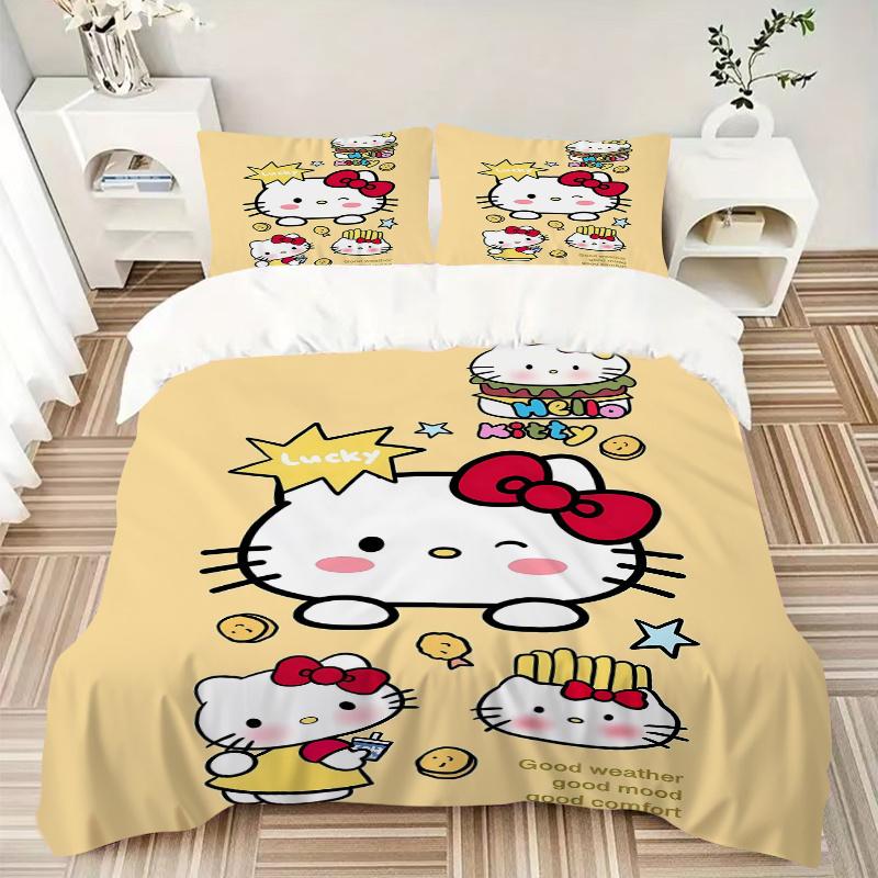 3pcs Lucky Hello Kitty Bedding Set Includes 1 Quilt Cover and 2 Pillowcases, Comfortable Bedding with Stylish Design for Bedroom W059