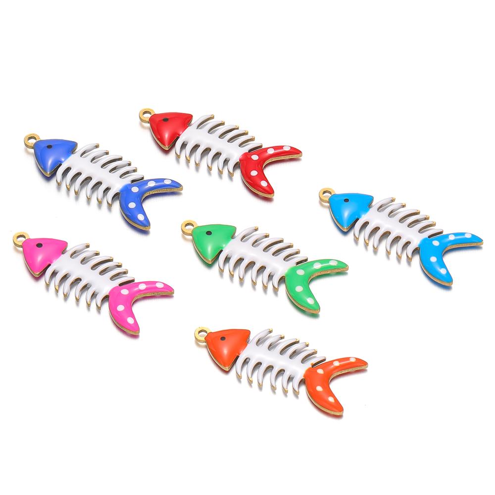 5Pcs Gold Stainless Steel Enamel Fish Bone Charms for DIY Jewelry Women Bracelet Necklace Findings Earrings Pendant Making