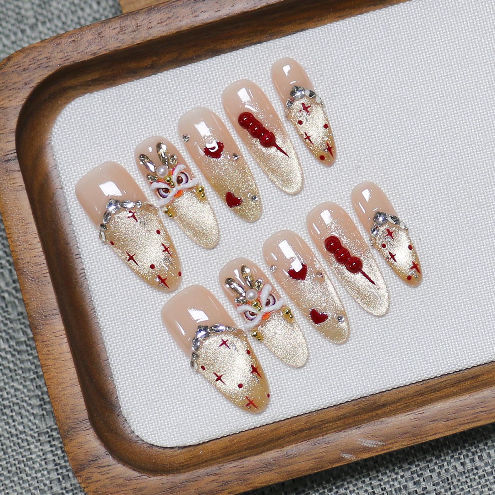 Dragon Rhyme Golden Crimson: Handmade Red Lion Nail Art with Gourd Heart Accent - Whitening & Elegant. Extra Small