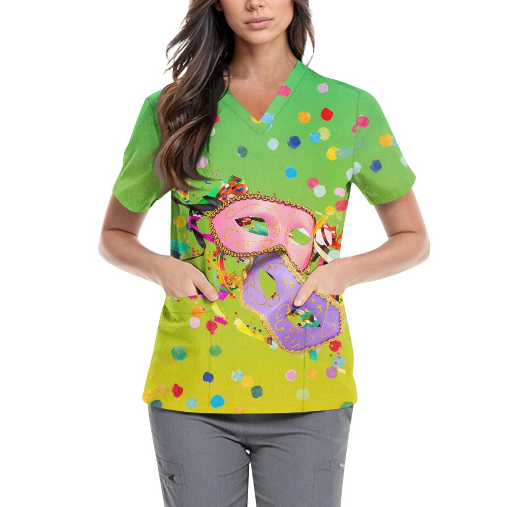 Women's  Carnival Themed Outfit Party Mask Pattern Caregiver Top