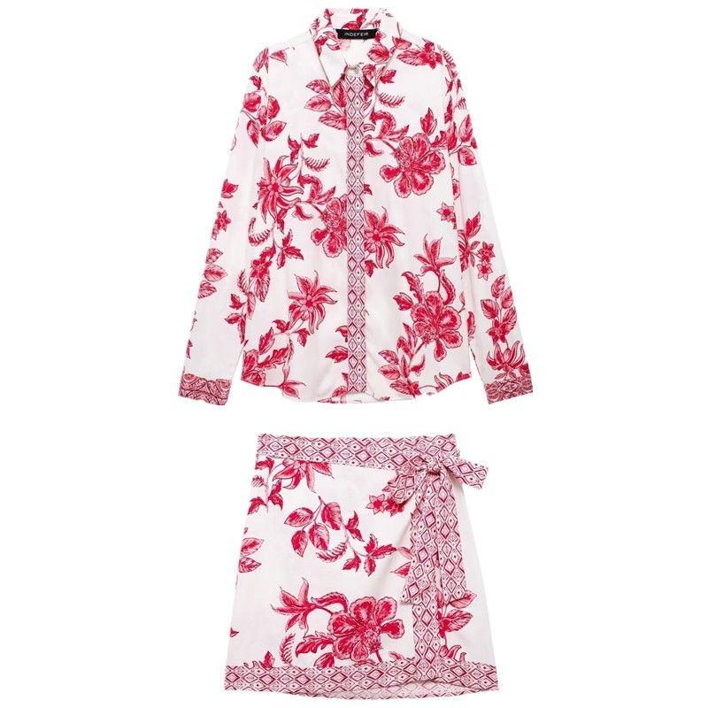 Western Style 2024 Summer New Women Echo Pattern Flower Print Shirts High Waist Skirt 5029154