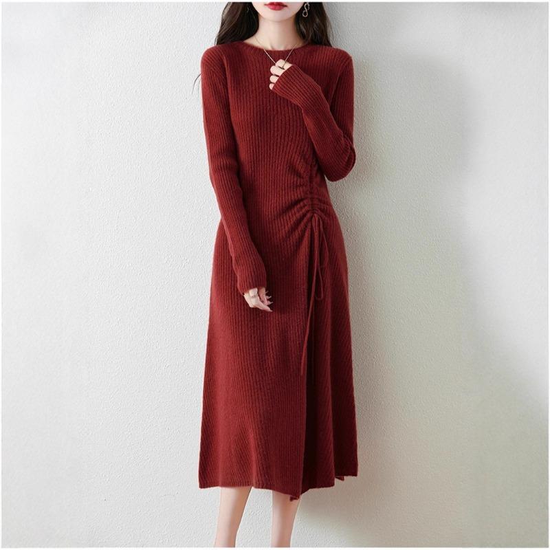 Autumn and winter new drawstring slim and thin medium and long sweater skirt femininity inner backing knitted dress
