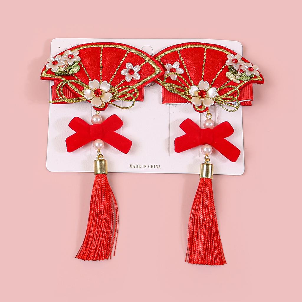 2pcs Chinese New Year Decorations Hair Clips Children Kids Tassel Bows Clips Barrettes Girls Children Party Hair Accessories