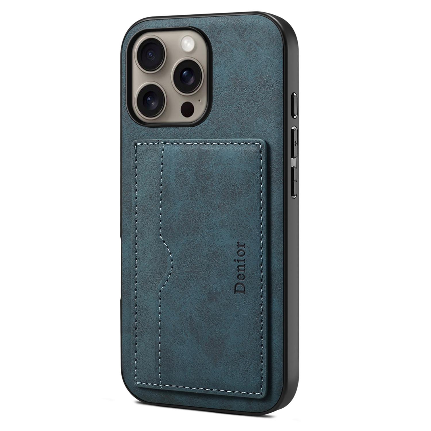DENIOR For iPhone 16 Pro Case Card Holder Kickstand Retro Leather+PC+TPU Phone Cover A