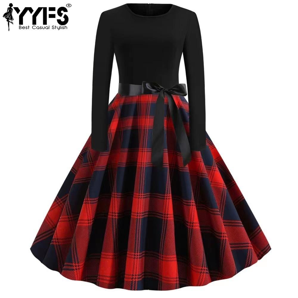 YYFS Women's Fashion Spring Fall Plaid Print Long Sleeve O-Neck High Waist Casual Dresses