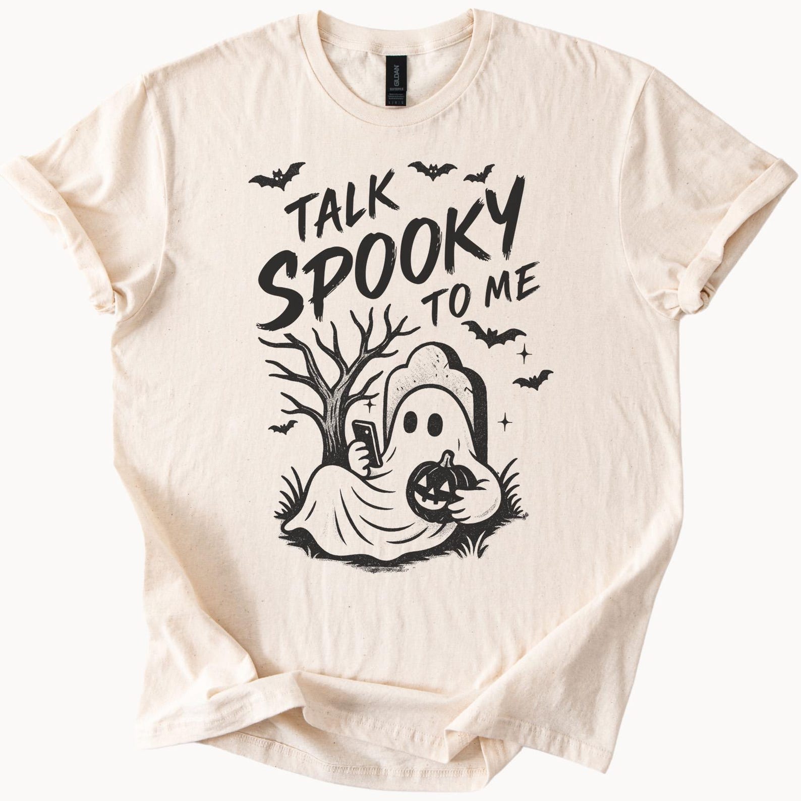 Talk Spooky To Me Ghost Graphic T Shirt Halloween Ghost With Pumpkin and Bats Scary Tree Spooky Season Unisex Graphic Tee Shirt 140