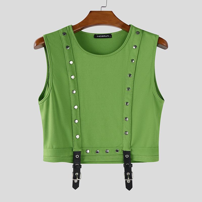 INCERUN Men O Neck Sleeveless Metal Button Patchwork Cropped Tank Tops