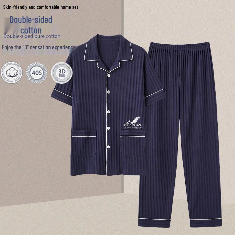 

Мужской летний хлопковый пижамный комплект: Топ с коротким рукавом и длинные брюки, легкий, для ношения на улице, простой домашний костюм больших размеров 3XL