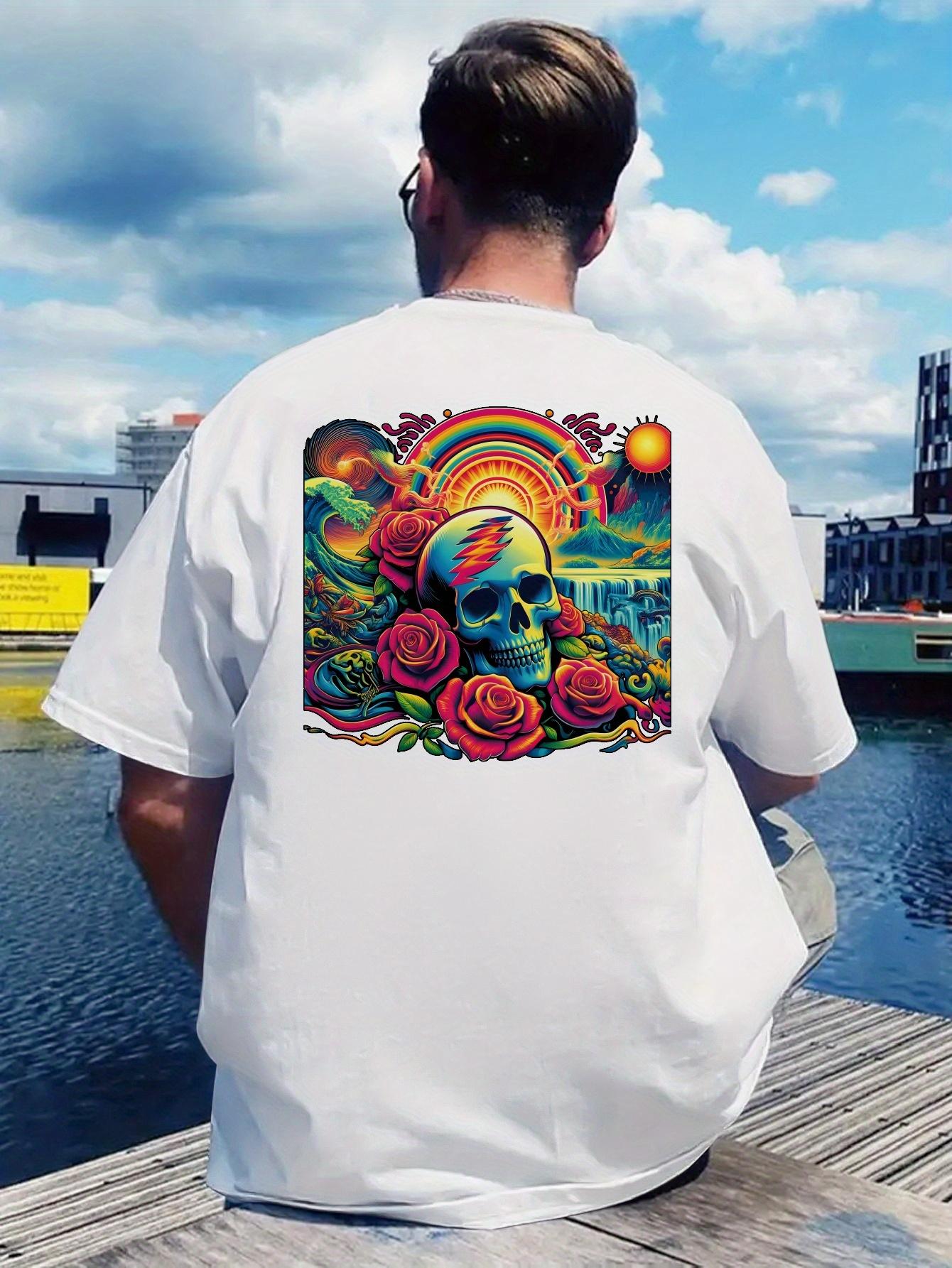 Retro Rock Band Graphic T-shirt - Vibrant Skull & Roses Design S