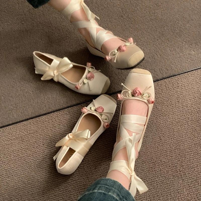 New Women Bow Tie Cross Ballet Flats Shallow Female Sweet Dancing Mary Jane Square Toe Ladies Single Shoe Party Outside