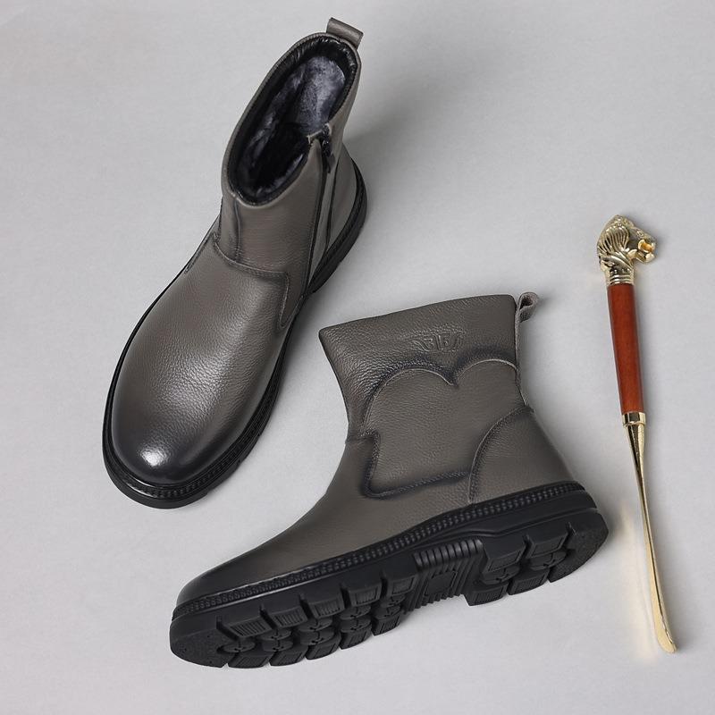 Winter eerste laag rundleer heren katoenen schoenen wol leer outdoor fluweel warm hoge top leren schoenen sneeuwlaarzen herenschoenen