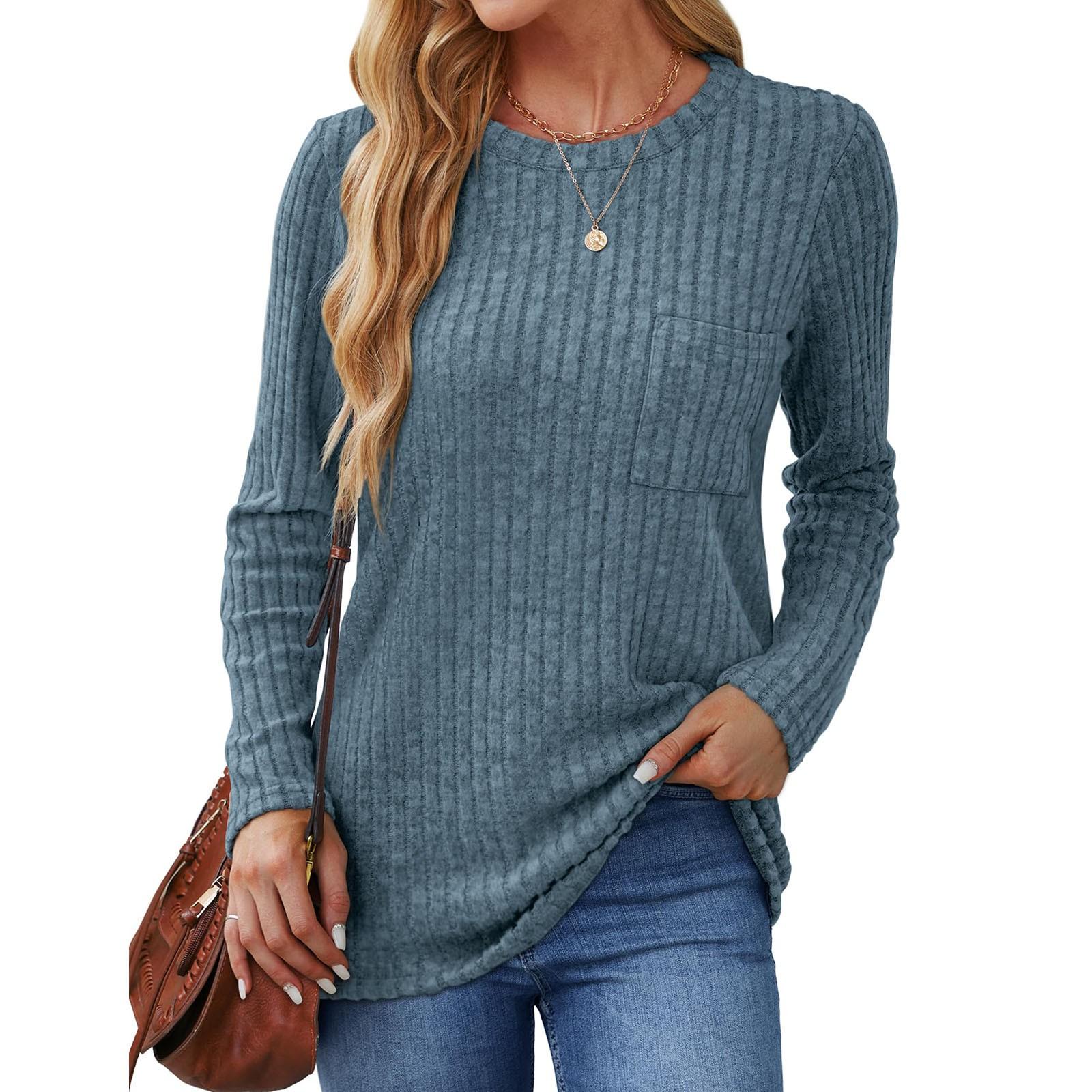 

Рубашки с длинным рукавом для женщин, легкая толстовка с круглым вырезом, повседневная туника, топы для женщин с карманом, мода XXL небесно-голубой