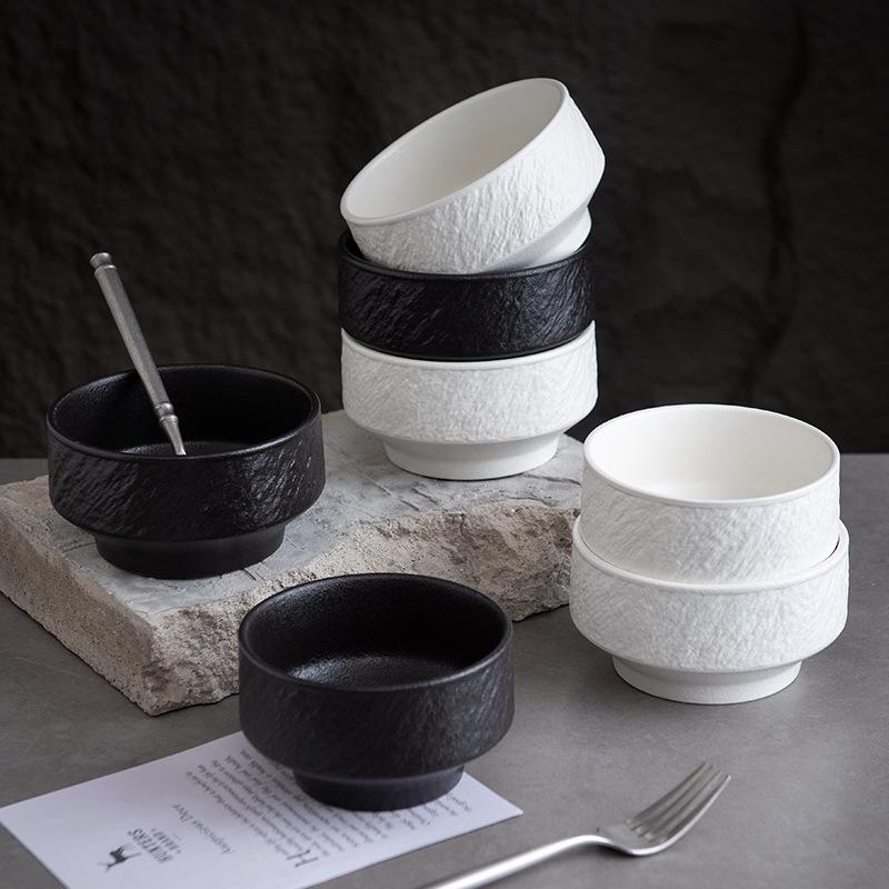 Black and White Ceramic Rice Bowl - Rock Texture Household Tableware for Soup, Salad, Dessert