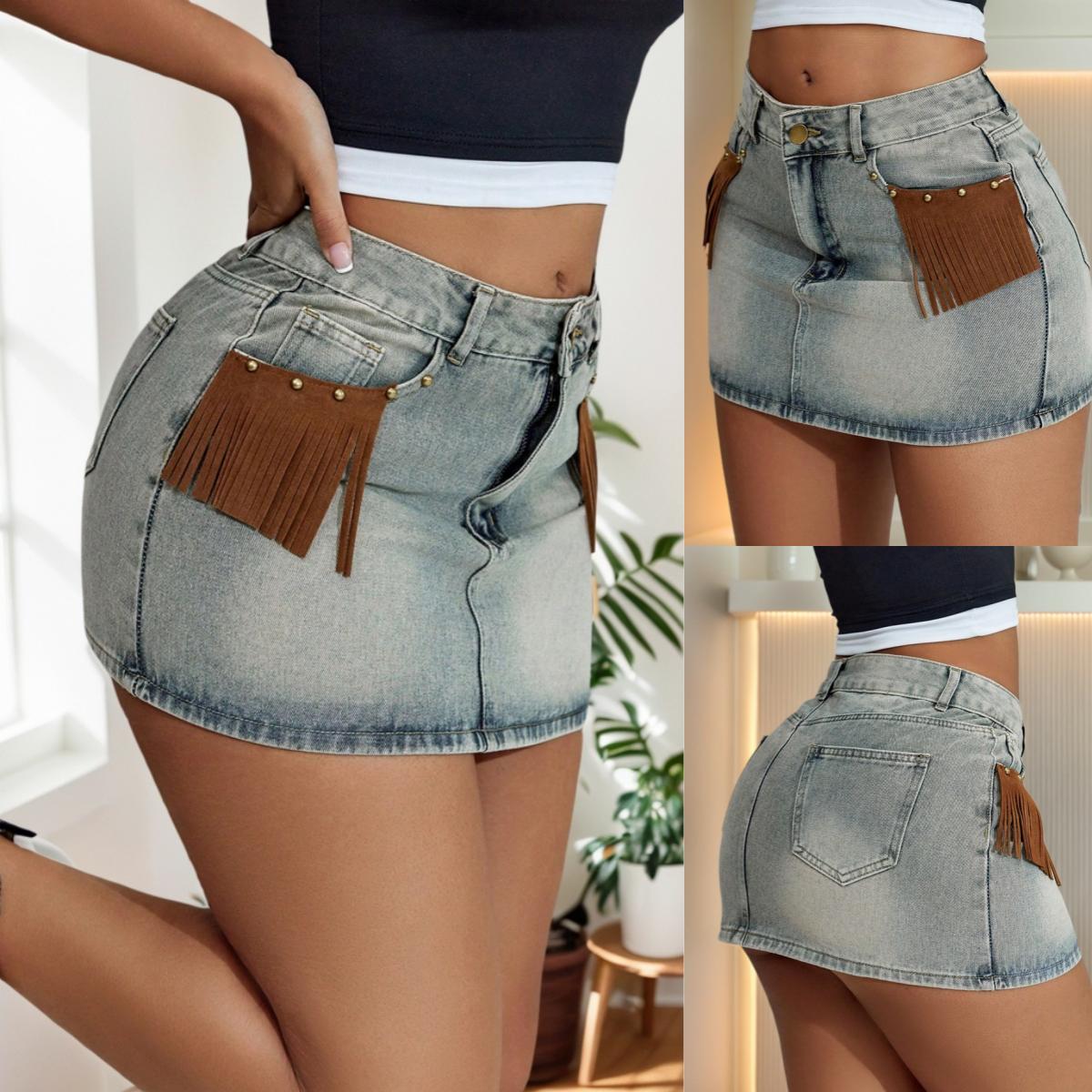 

Rose Beauty A Y2K Street Vintage Fringe Decor With Spink Detail Denim Mini Skirt Casual Hottie Outfit XS синий