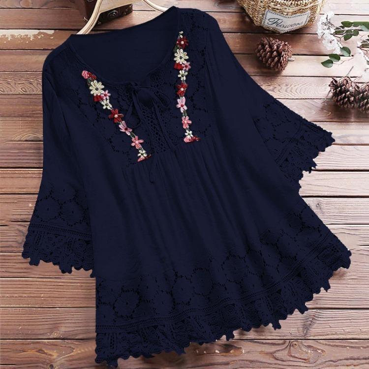 Women Plus Size Loose Shirt Half Sleeve Lace Flower Embroidery