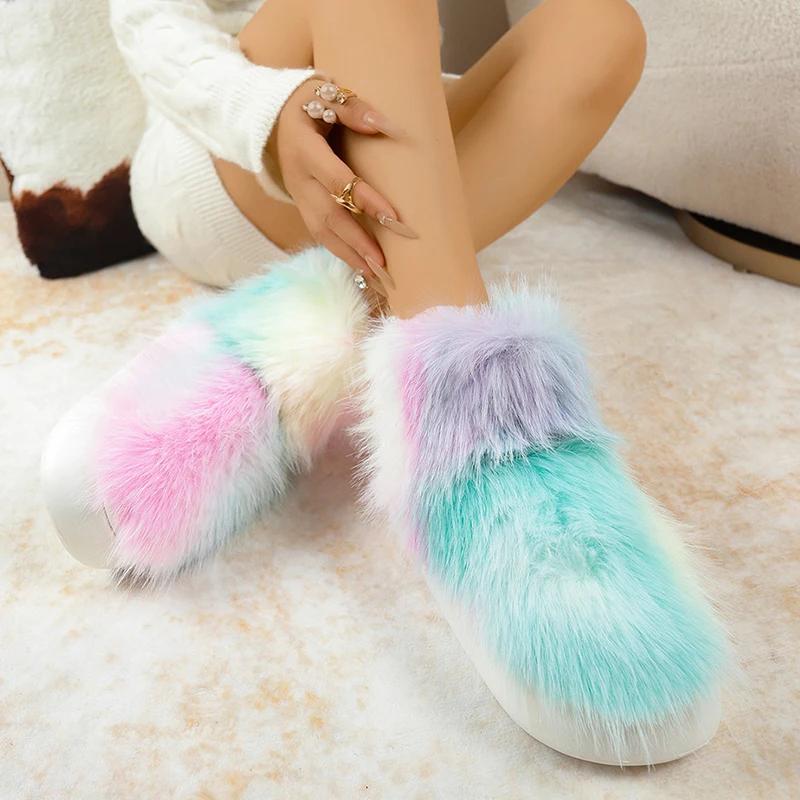Fashion Gradient Color Faux Fur Snow Boots for Women Thick Sole Long Plush Warm Winter Boots Woman Fashion Fluffy Platform Ankle Booties