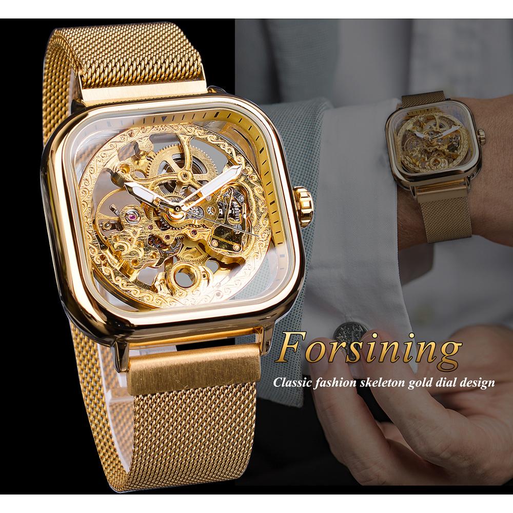 FORSINING Automatic Watches Mechanical Wrist Watch Golden for Mens Skeleton Watches with Stainless Steel Transparent Dial