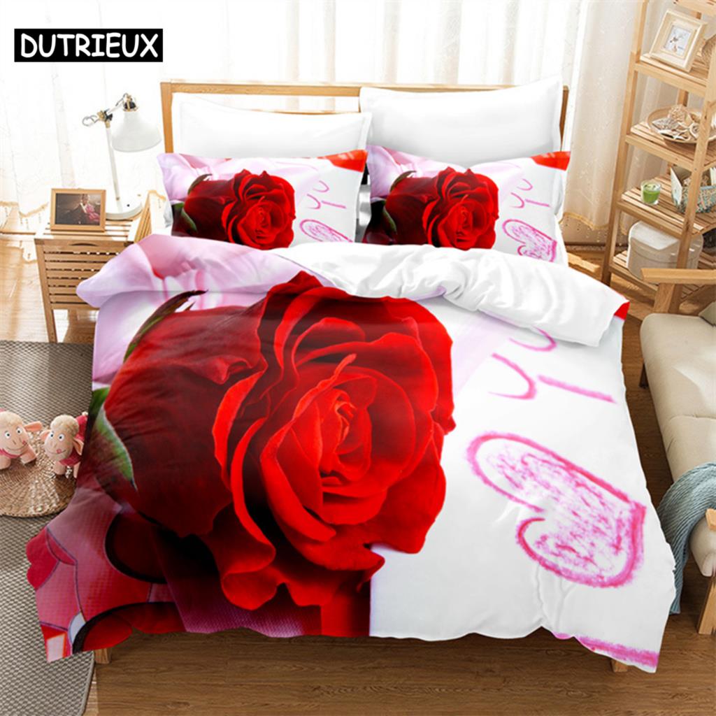 Luxury Red Rose Queen Bedding Set Duvet Cover Set Bedding Comforter Bedding Sets Bed Linen King Size Duvet Cover Bedding Set