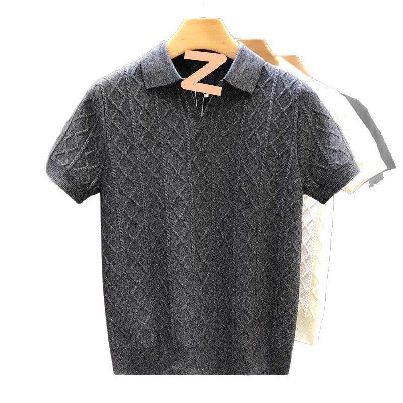 Light Luxury Rhombus Jacquard Short-Sleeved Polo Shirt Men'S Business High-End Slim-Fitting Lapel-Neck Knitted T-Shirt