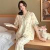 Thin Pajamas Girl Spring and Summer Cute Cartoon Print Short-sleeved Trousers Set Wrinkled Texture Breathable Loungewear