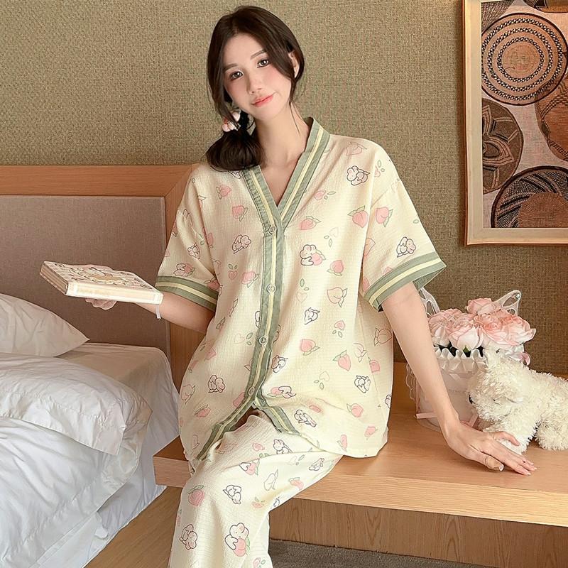 Thin Pajamas Girl Spring and Summer Cute Cartoon Print Short-sleeved Trousers Set Wrinkled Texture Breathable Loungewear