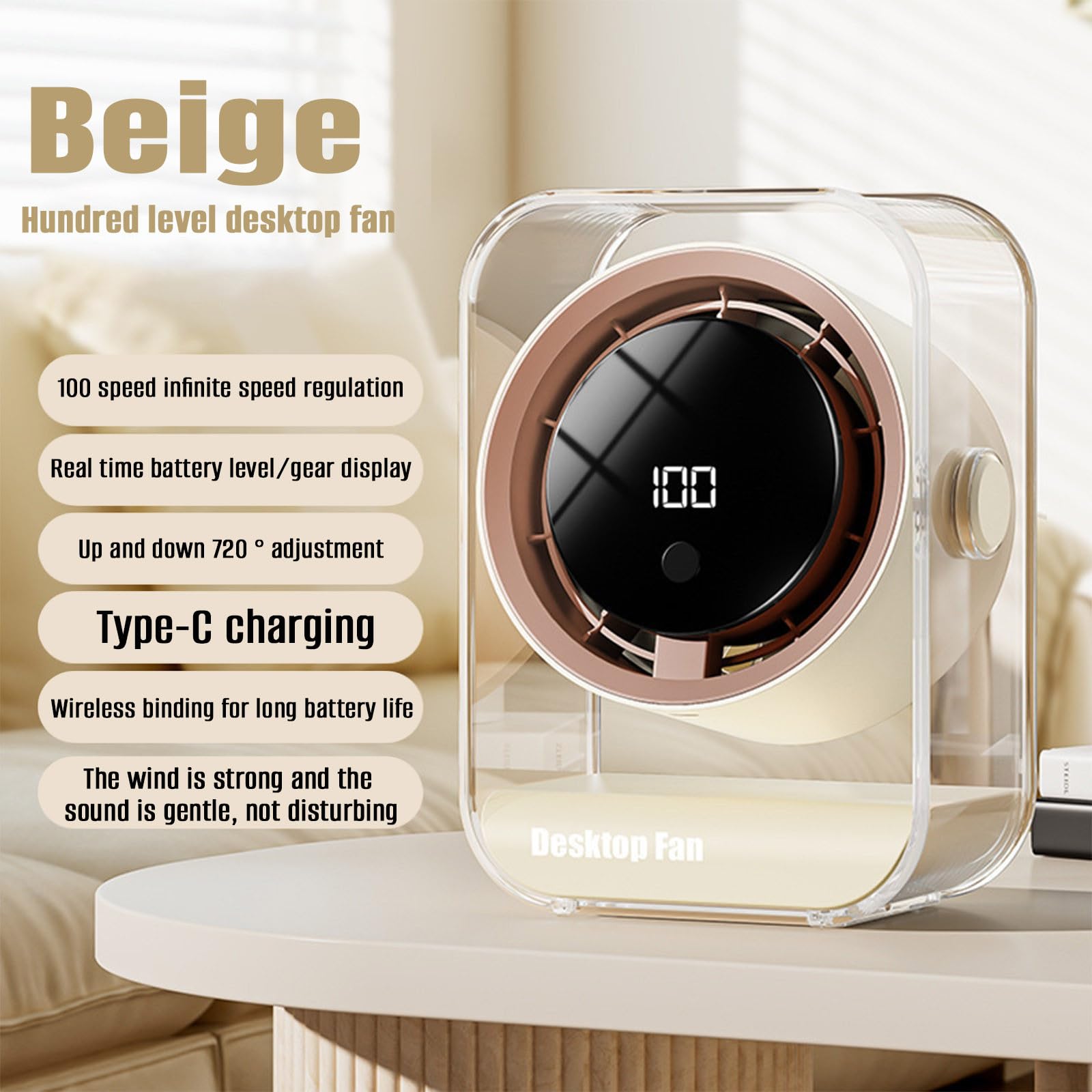 

Desktop Fan USB Rechargeable Small Portable Fan Adjustable Airflow Quiet Operation Compact Design Suitable for Home Office Travel Use ONE SIZE бежевый