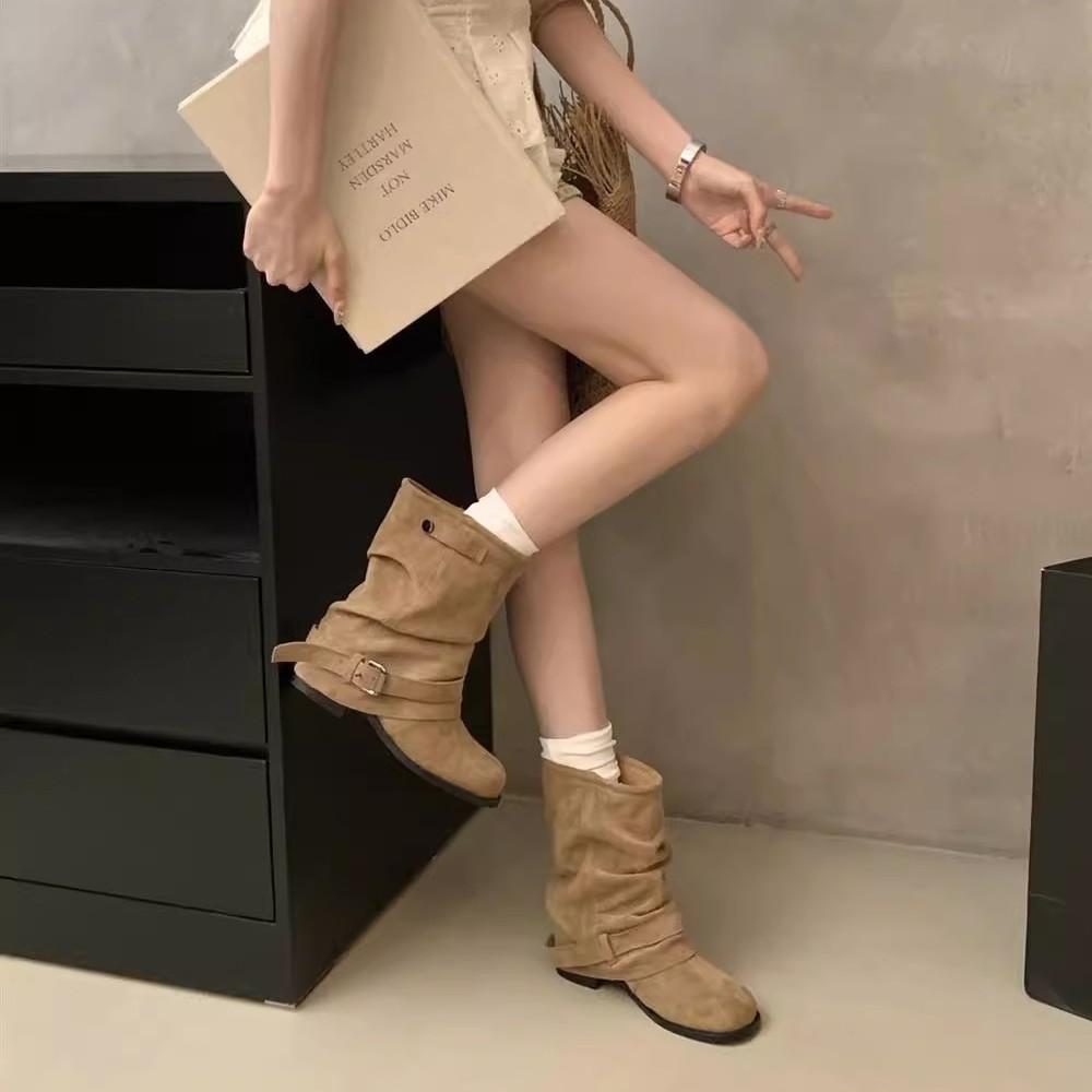 Boots women's new women's boots thick heel retro platform pleated short trousers versatile fashion stacking boots khaki