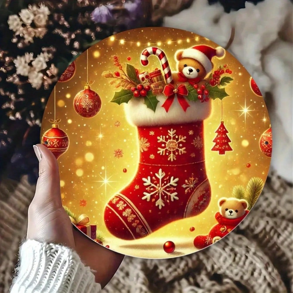 

Christmas Stocking Metal Wall Art Round Iron Sign Home Bar Decor 20x20 різнокольоровий