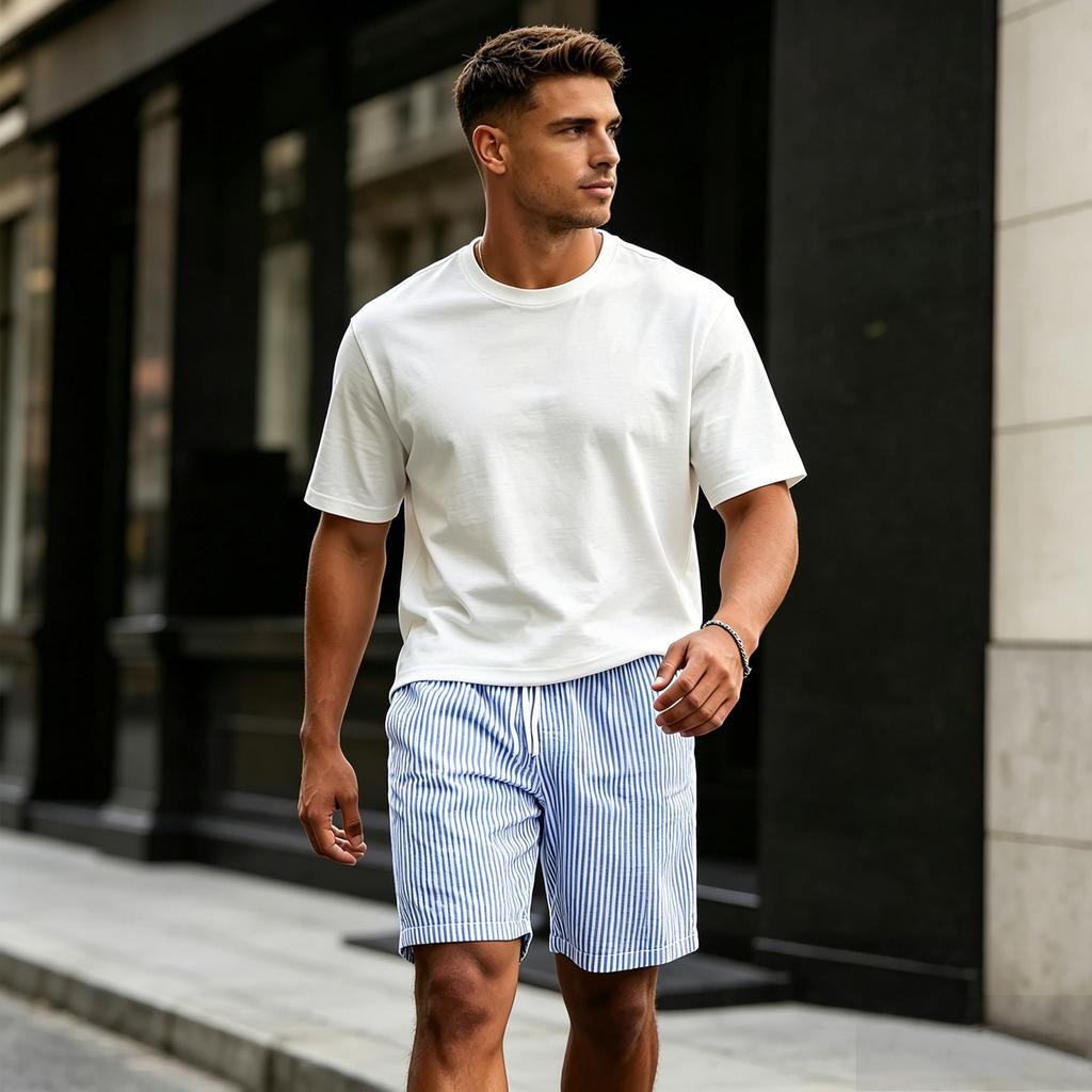 Herrshorts, Casual, Randiga, Linne, Elastisk Midja, Dragsko, Sommar, Strandshorts, Med Fickor, Lös Passform, Bomullslinne Shorts