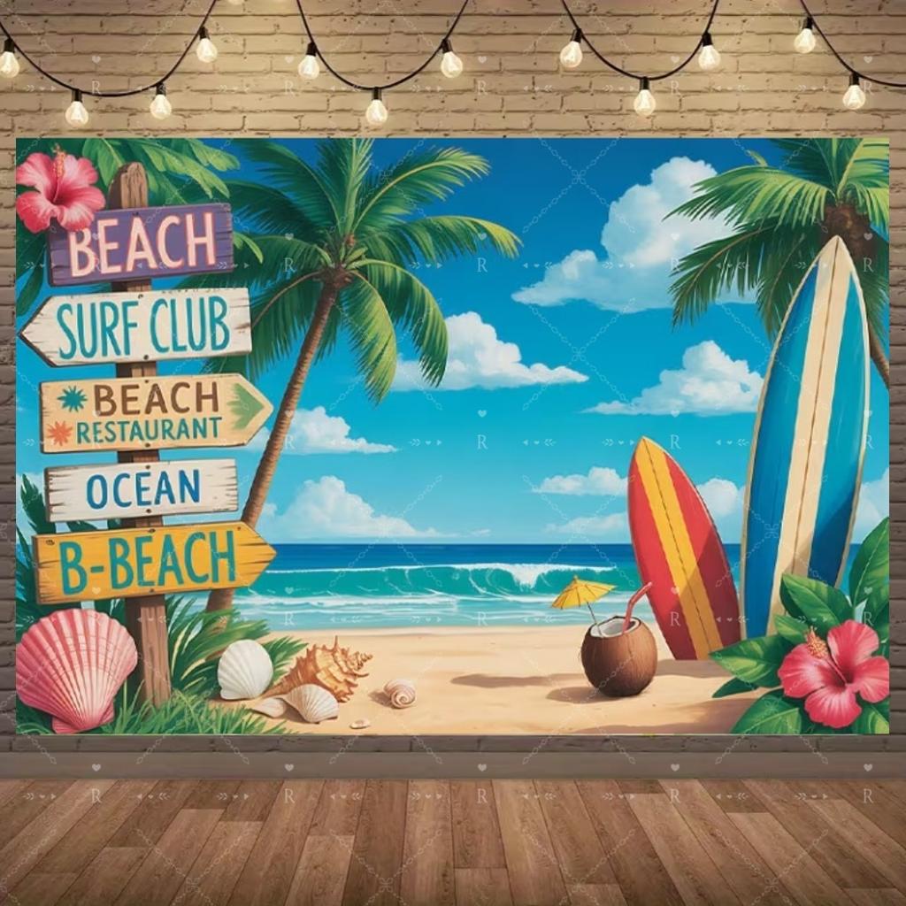Summer Beach Holiday Party Decoration Backdrop Sunshine Flamingo Ocean Surfboard Portrait Photography Background Props Banner