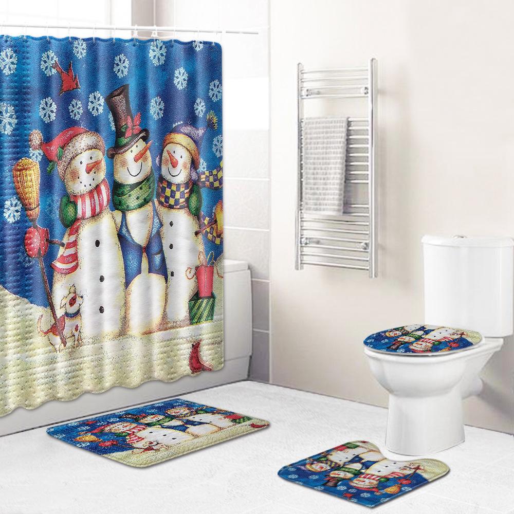 Christmas Waterproof Shower Curtain Floor Mat Four-Piece Set, Bathroom Water-Absorbing Non-Slip Door Mat, Shower Room Water-Absorbing Carpet