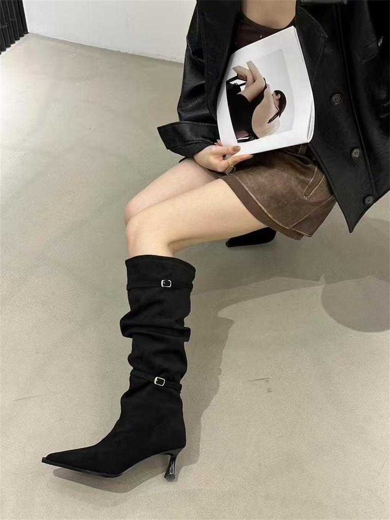 Pointed High Heel Khaki Pile Boots Women's Boots 2025 Autumn/Winter Skirt Skinny Knight Medium Boots