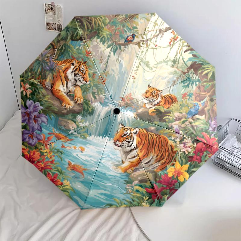 

Tiger and Flowers pattern, automatic folding umbrella, portable and foldable design, 8 ribs, a Christmas or birthday gift.