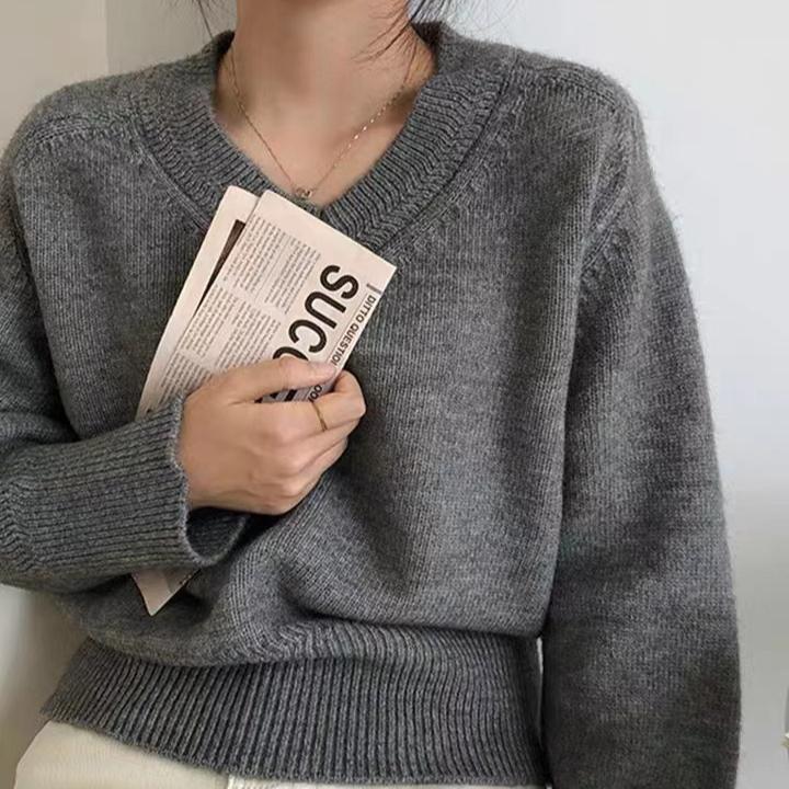V-Ausschnitt Einfarbiger Pullover für Damen Im Herbst und Winter Koreanischer Vintage Strickpullover Lockerer und lässiger Pullover
