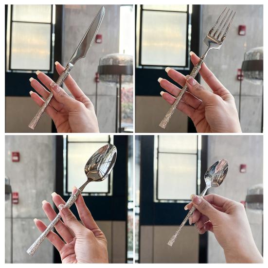French Style Cutlery 304 Stainless Steel Hammered Texture Tableware Non-Slip Handle Small Waist Design Serrated Knife Sharp Fork Spoon