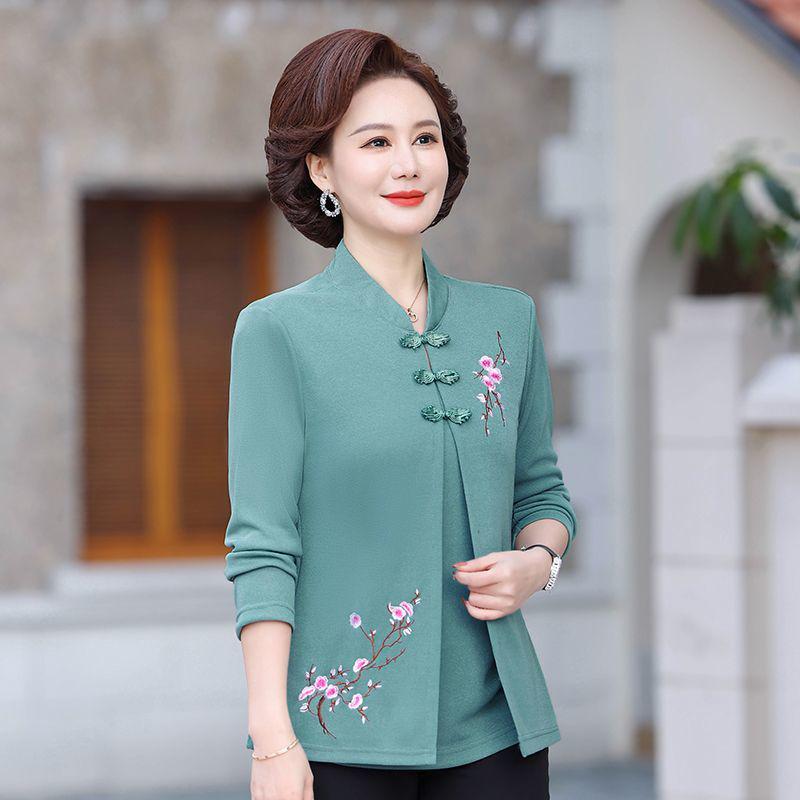Stylish Ethnic Faux Two-Piece Pullover for Middle-Aged & Elderly Women - Chinese Style Jacket Set Blue