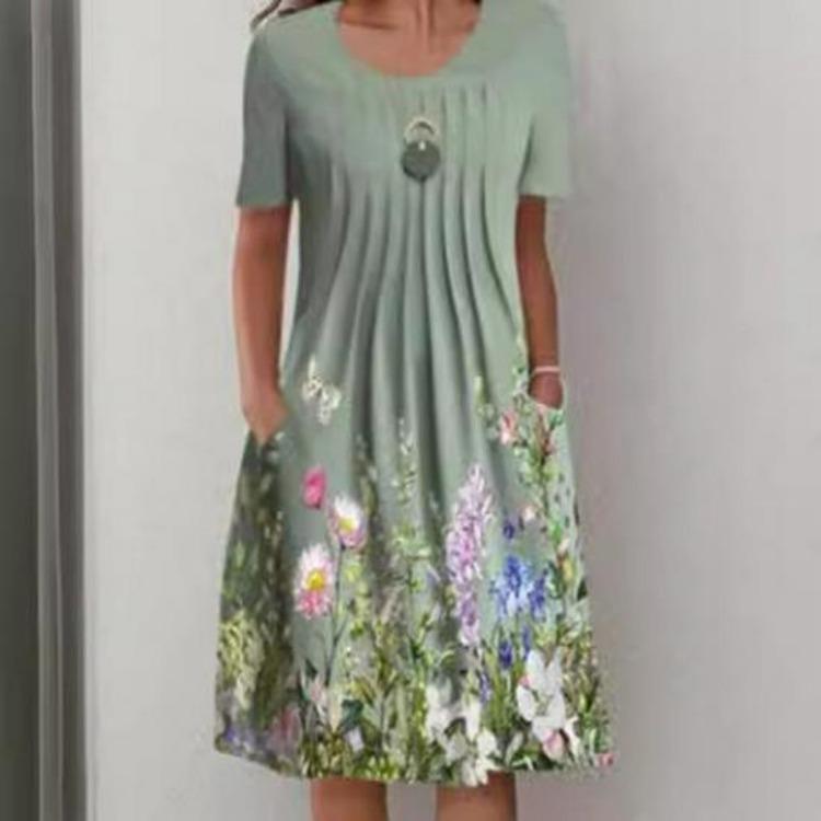 Floral Print Women Pullover Dress Round Neck Mid-Length Spring Summer