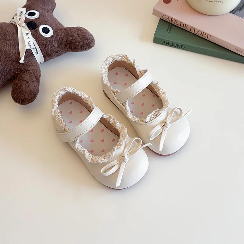 Buty księżniczki dla dziewczynek Lolita z koronkowym brzegiem Mary Jane Płaskie Dziecięce Miękka podeszwa Motyl Buty codzienne Maluch Dzieci Skóra PU Eleganckie buty