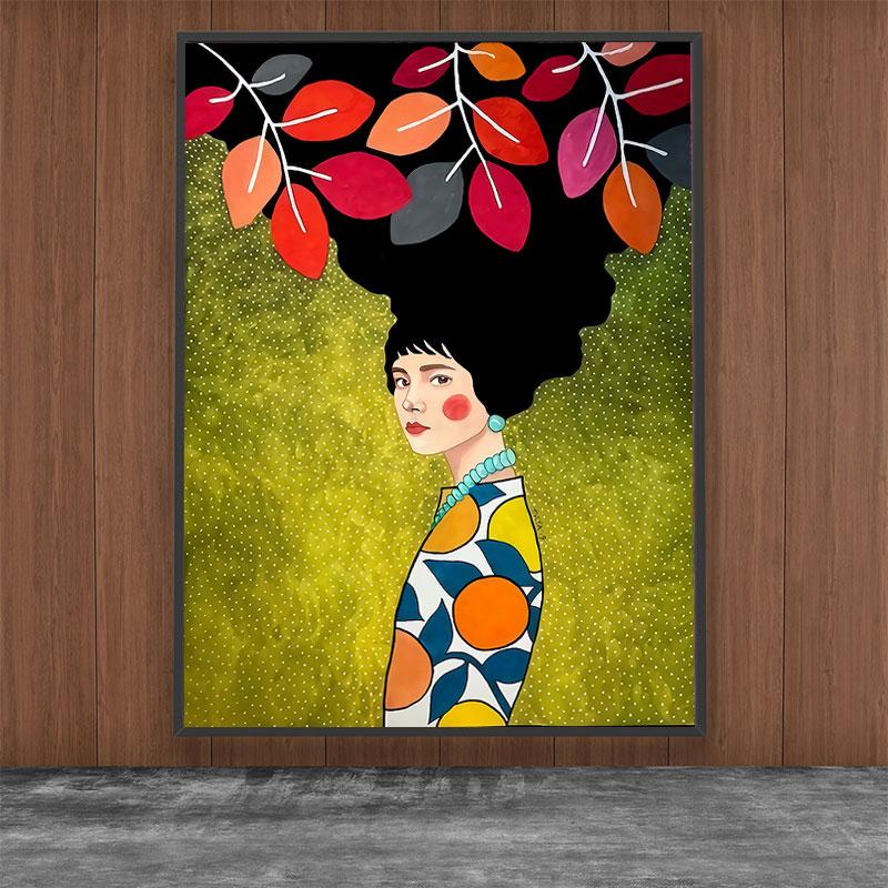 Moderne kvinner Fargerike blomsterhår Pike Veggkunst Lerretsmaling Nordisk plakat Vintage veggbilder til stuen