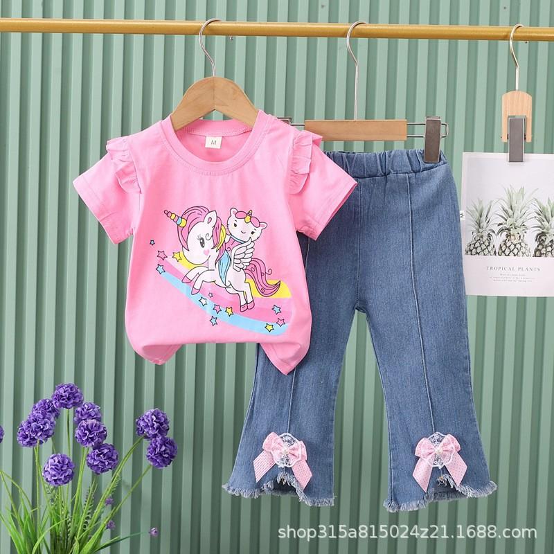 Girls Summer Cute Cartoon Short Sleeve Tee And Bow Knot Jeans Two Piece Set Casual Outfit