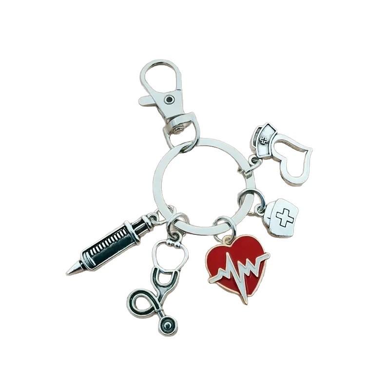 Vintage Syringe Stethoscope Keychain with Heart-Shaped Pendant